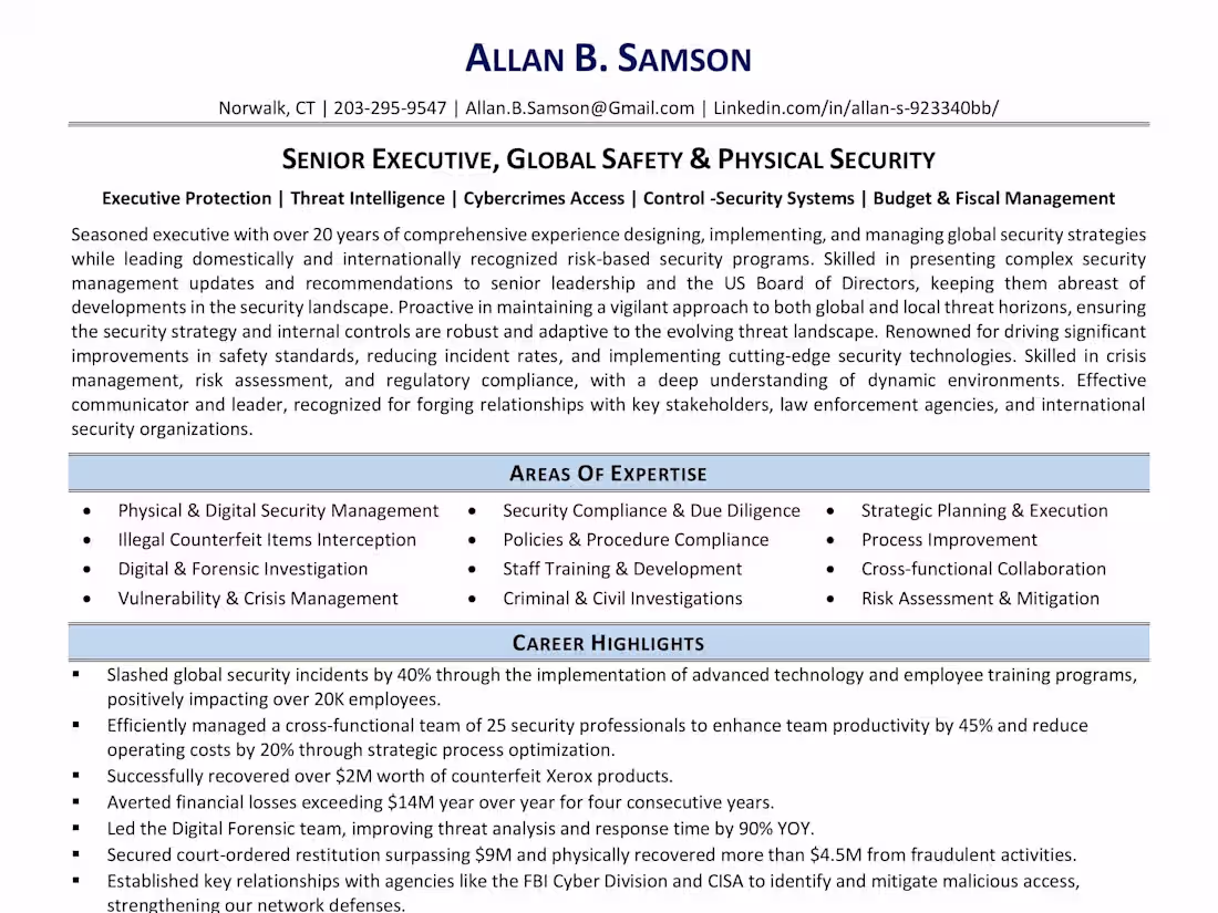 Cover image for Senior Executive Resume