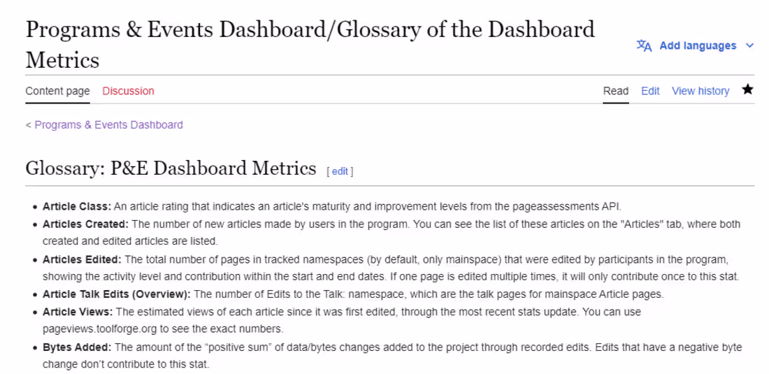 Cover image for Programs and Events Dashboard Glossary(METRICS)