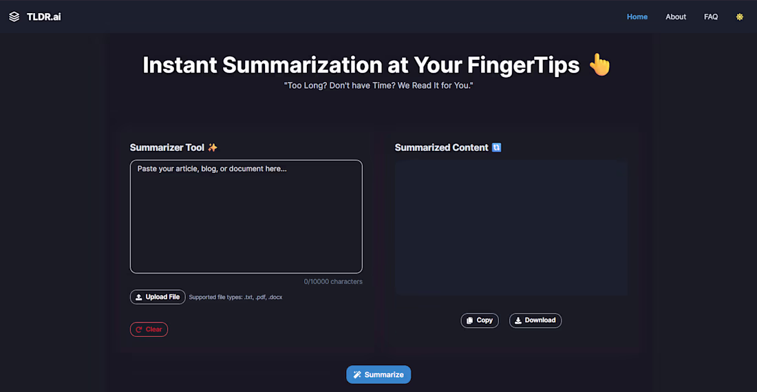 Cover image for TLDR.ai – AI Powered Text Summarizer ✨