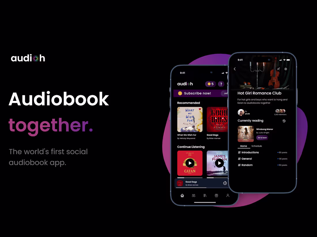 Cover image for Audioh- world's first social audiobook app.