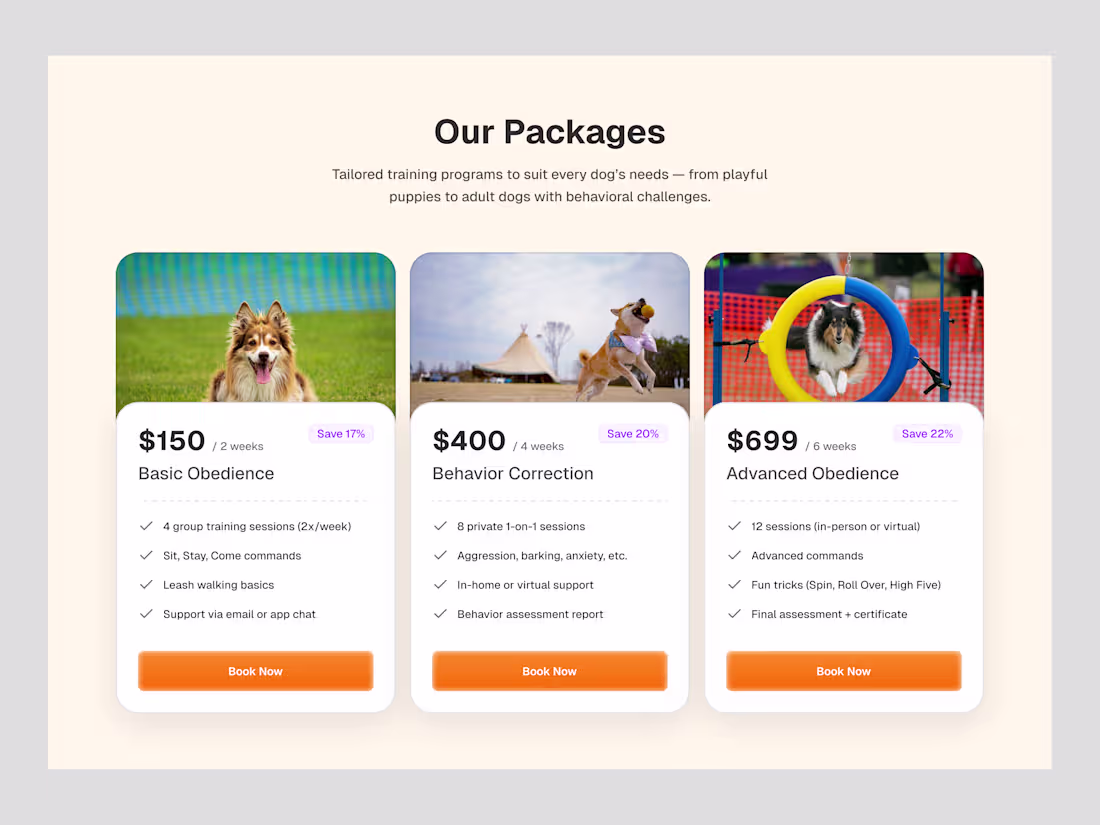 Cover image for Pricing section for a dog training business.