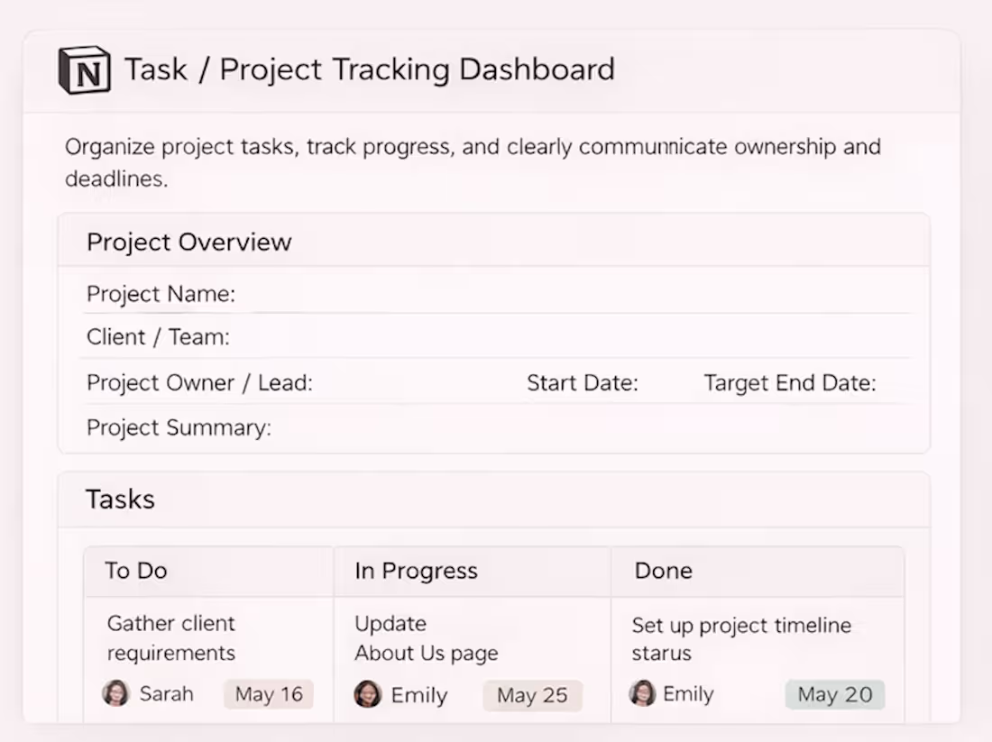 Cover image for Task / Project Tracking Dashboard Organized client project t...