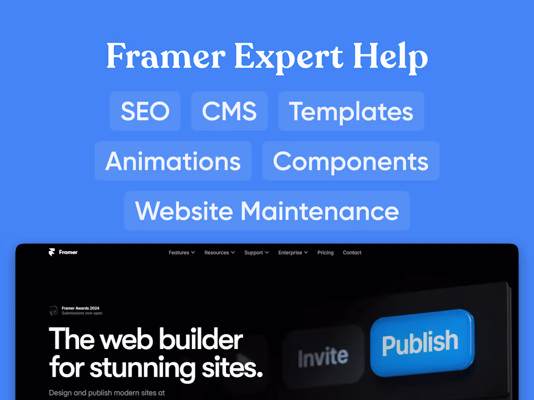 Cover image for Framer Expert Help (Fix Template, CMS, SEO, & Animations)