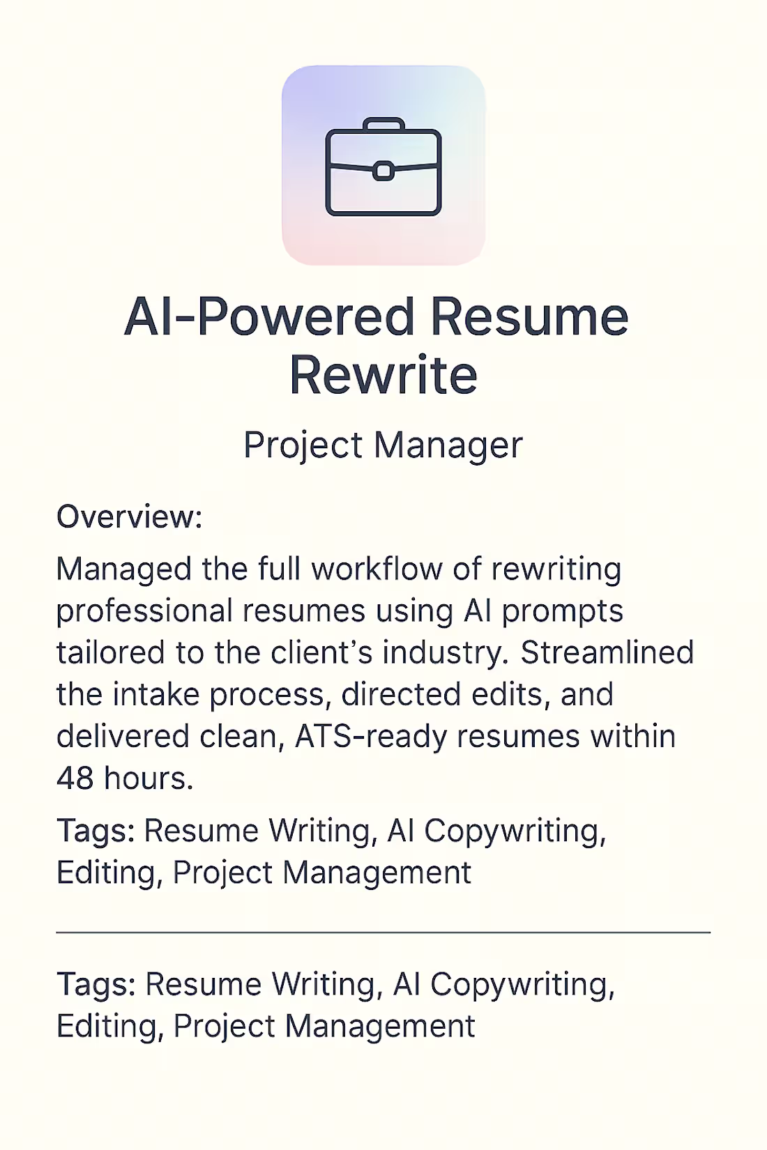 Cover image for AI Resume Rewrite Workflow (48hr Turnaround)