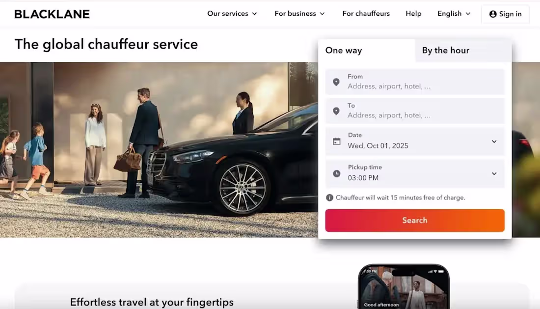 Cover image for  Professional chauffeur or luxury travel website	