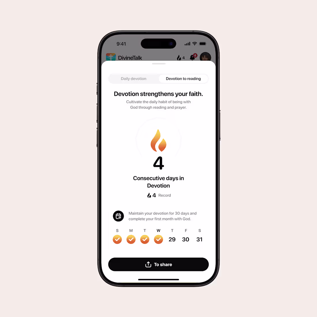 Cover image for Daily devotion tracker for DivineTalk. A simple screen that ...