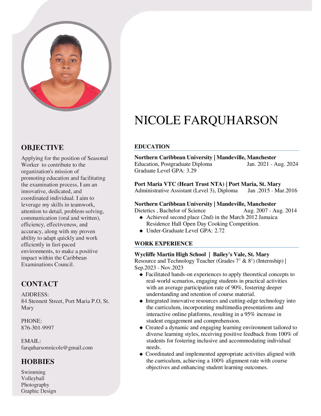 Cover image for Nicole Farquharson's Resume