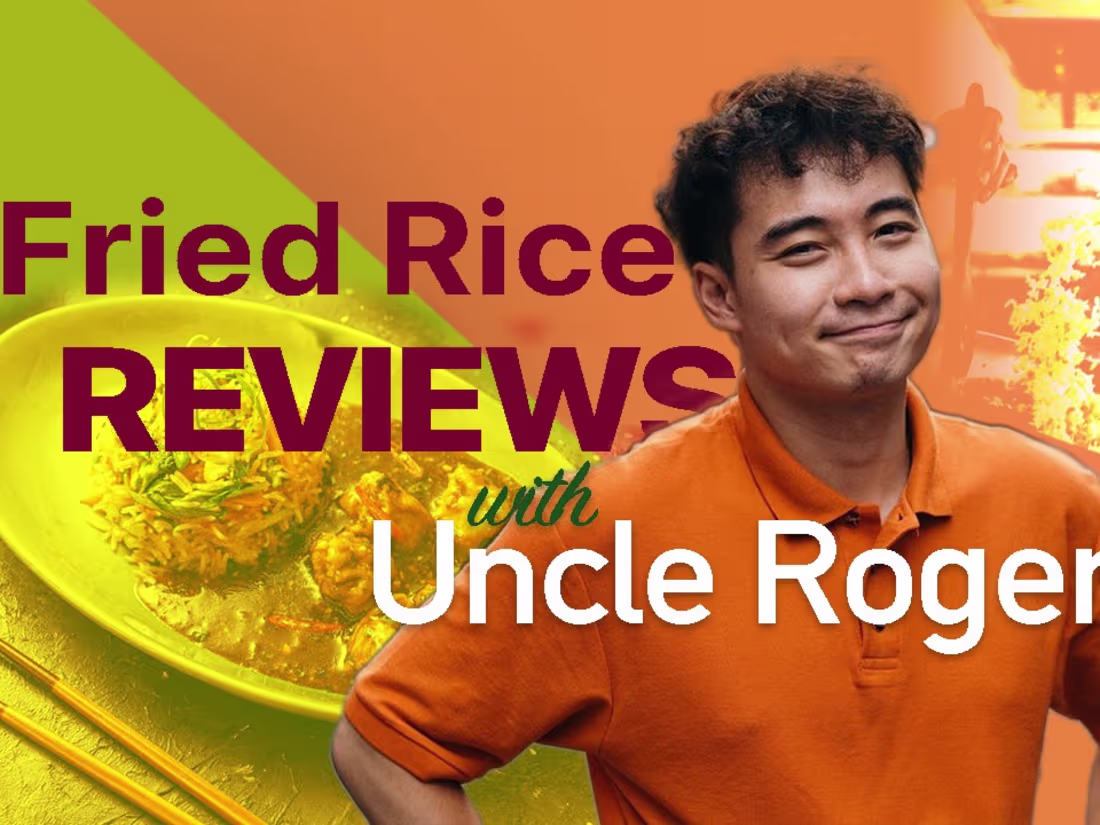 Cover image for youtube thumbnail with uncle roger reviewing egg fried rice