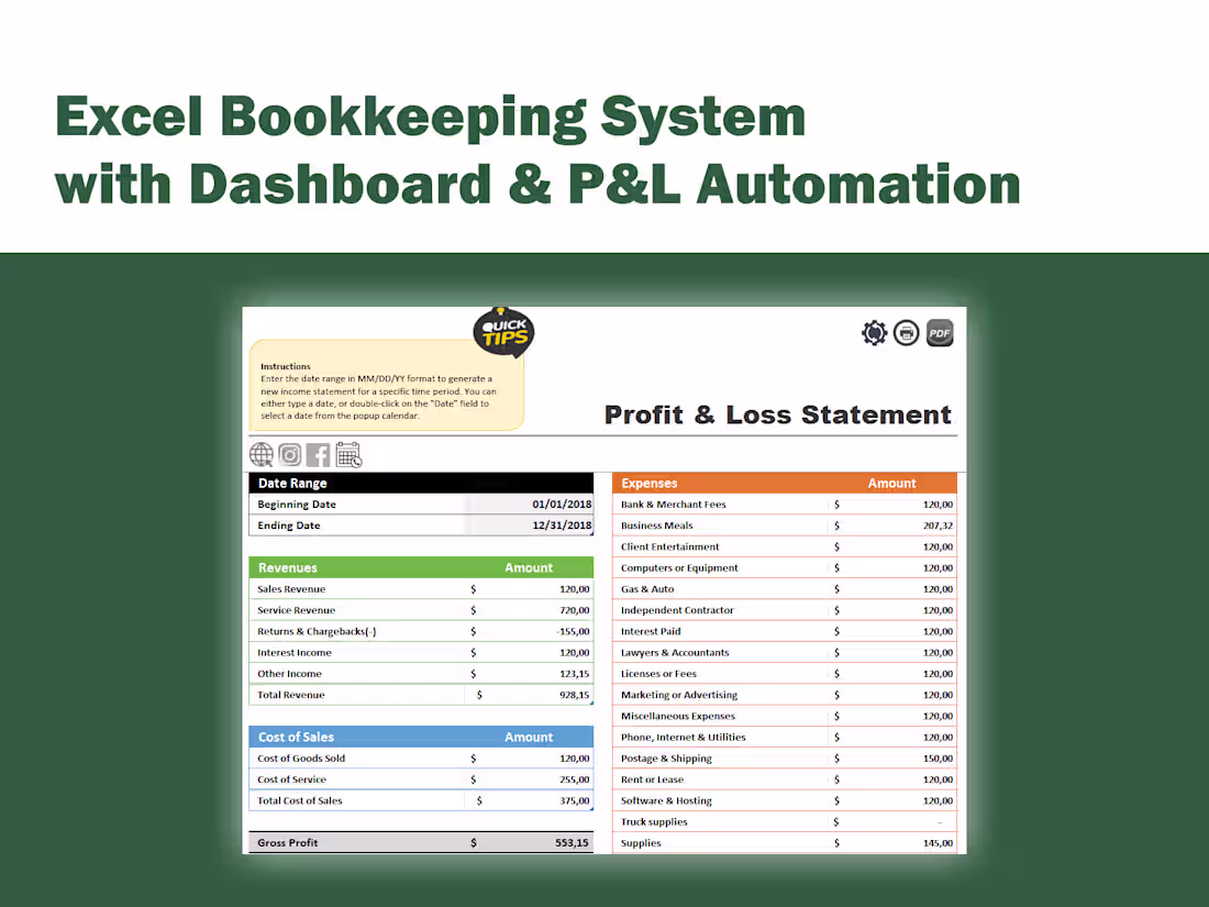 Cover image for Excel Bookkeeping System with Dashboard & P&L Automation
