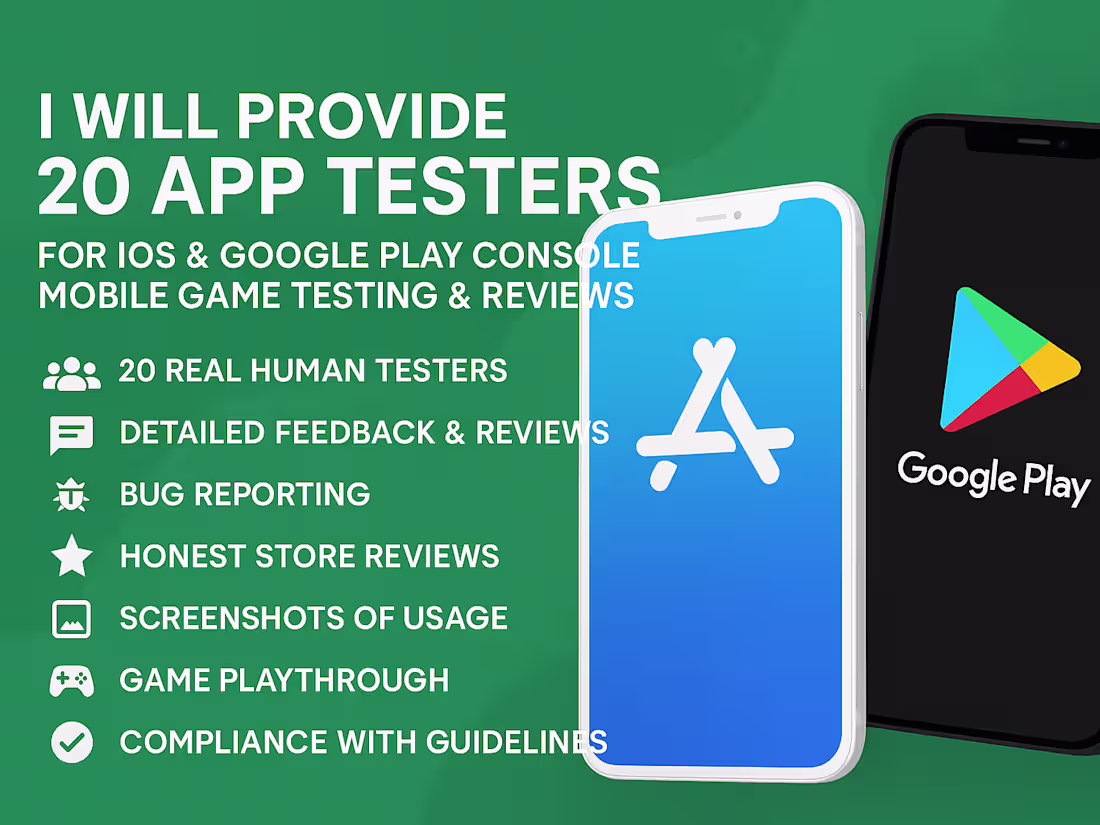 Cover image for Will provide 20 app testers ios google play console mobile game