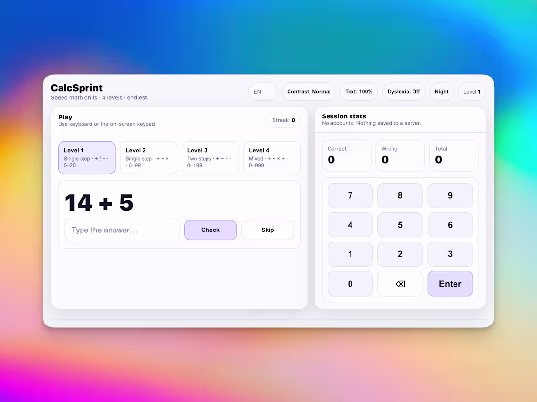 Cover image for CalcSprint: Mental Math Training Tool
Interactive