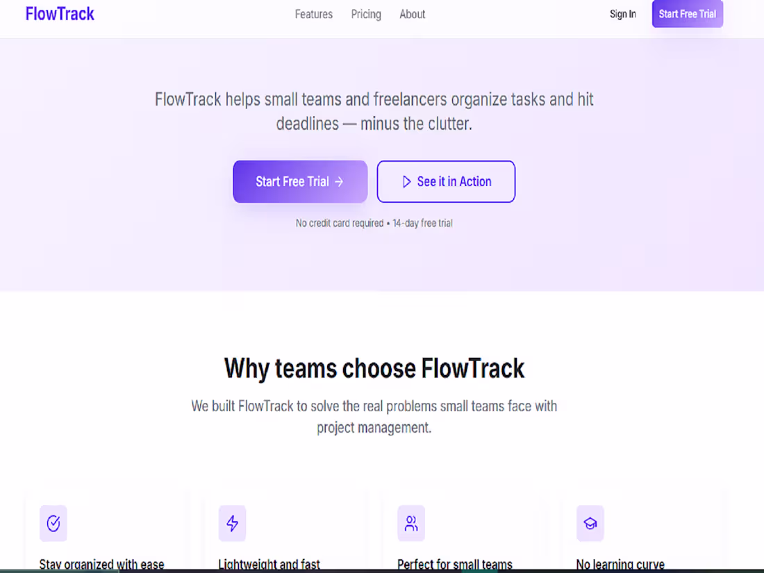 Cover image for Flowtrack landing page design. A clean and modern page built...