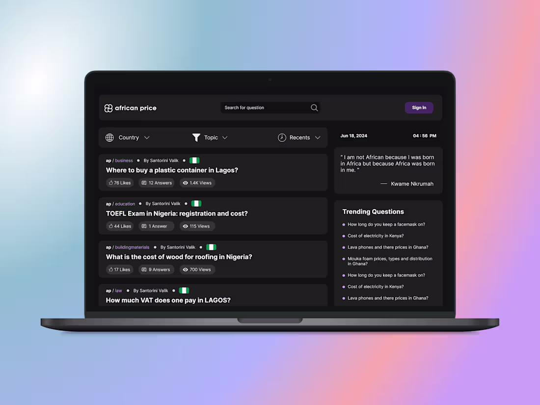 Cover image for AfricanPrice: Full Stack design & development of QnA platform