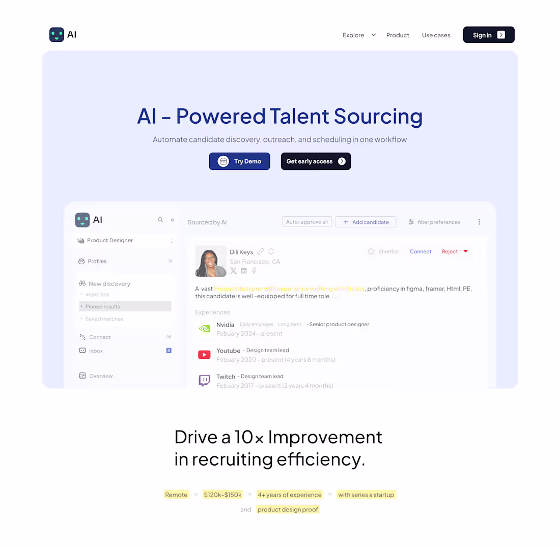 Cover image for Hero section design for an AI-powered talent sourcing platfo...
