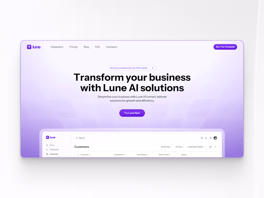 Cover image for AI Dashboard Landing Page Design - Lune 