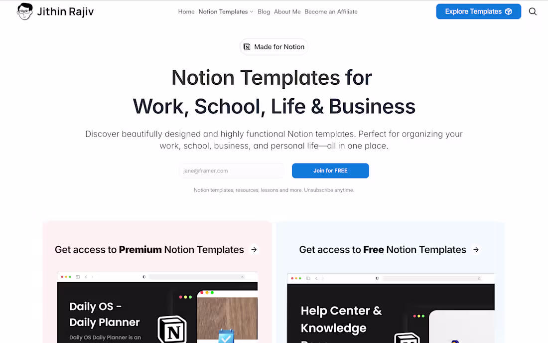 Cover image for Jithin Rajiv – Notion Templates for Work, School, Life & Busine…