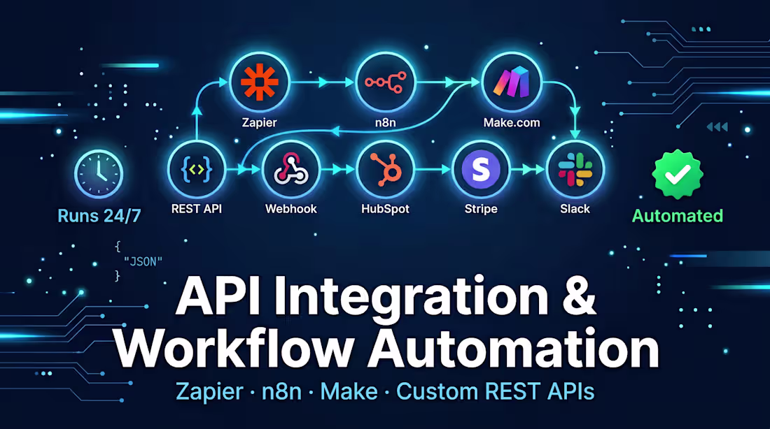 Cover image for API Integration & Workflow Automation — Zapier, n8n, Make