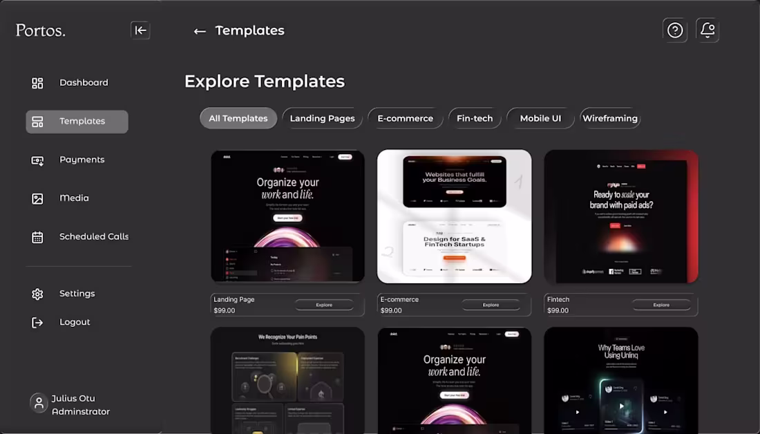 Cover image for Admin UI Design for Portos Template Marketplace