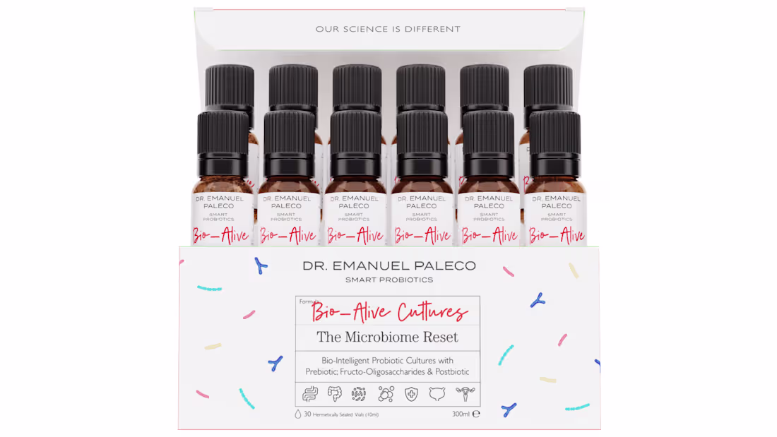 Cover image for Probiotic product in vials and boxes