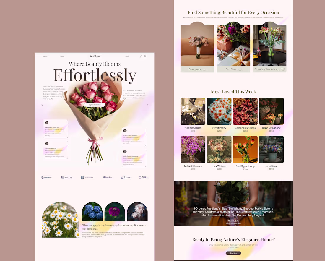 Cover image for Elegant Flower Shop Landing Page Design for Roselune