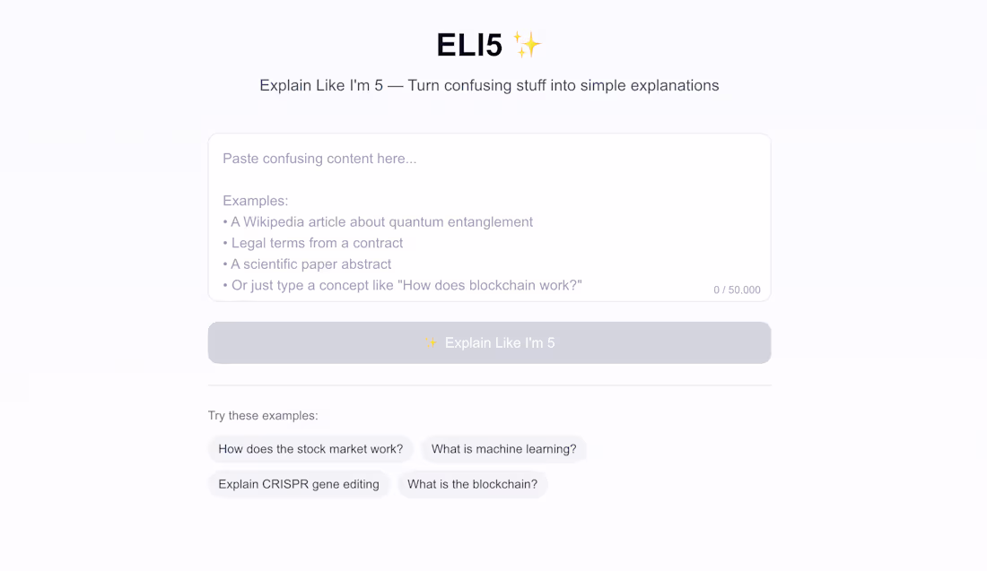 Cover image for 🚀 Showcase project 🚀 : ELI5: Explains complex topics in an...
