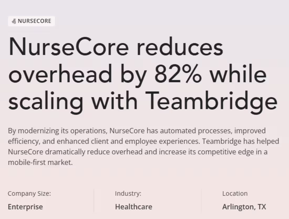 Cover image for NurseCore reduces overhead by 82% while scaling with Teambridge