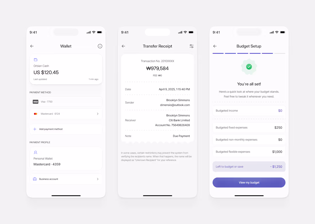 Cover image for Wallet > Transfer Receipt > Budget Setup App screen. We do c...