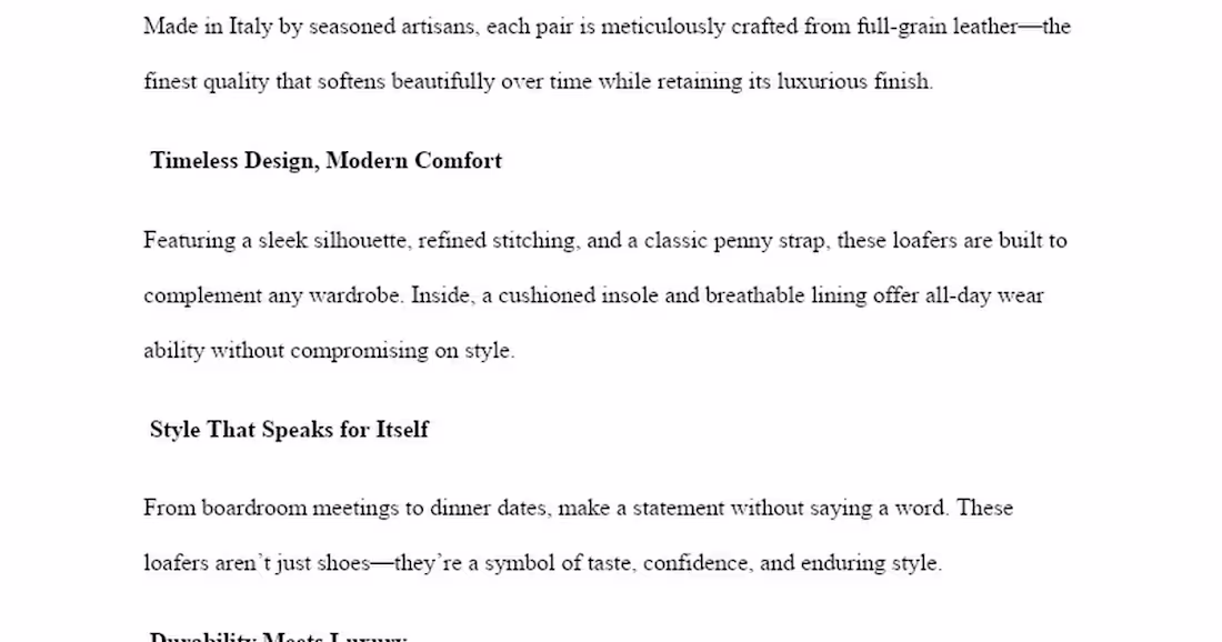 Cover image for LuxeWear Italian Leather Loafers Product Description