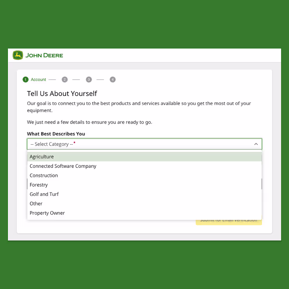 Cover image for John Deere New Account Flow