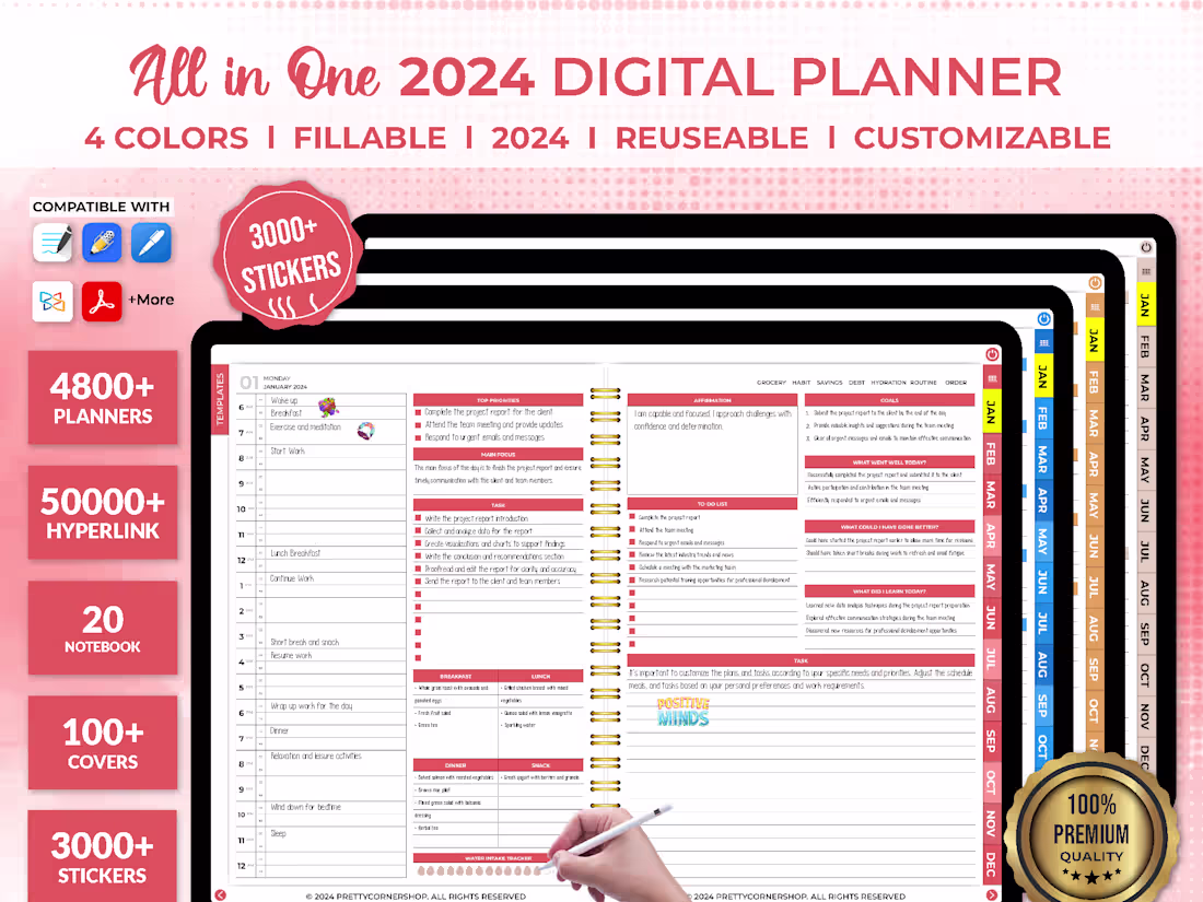 Cover image for Ultimate All-in-One 2024 Dated Digital Planner, Fillable Planner