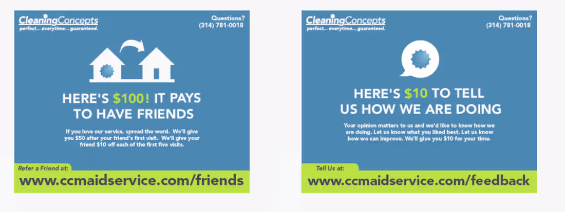 Cover image for Direct mailers for Cleaning Concepts referral program.
