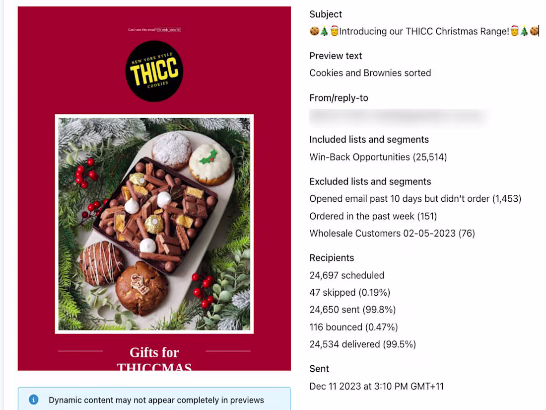 Cover image for Holiday Email Campaign for THICC Cookies Christmas Launch 2023