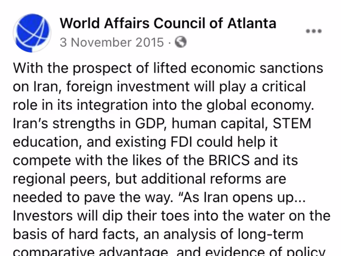 Cover image for World Affairs Council of Atlanta 
 - JCPOA Facebook post