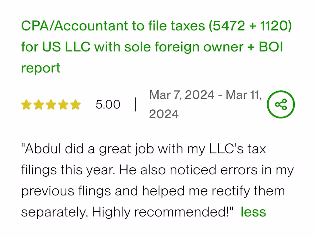 Cover image for CPA/Accountant to file taxes (5472 + 1120) for US LLC with sole 