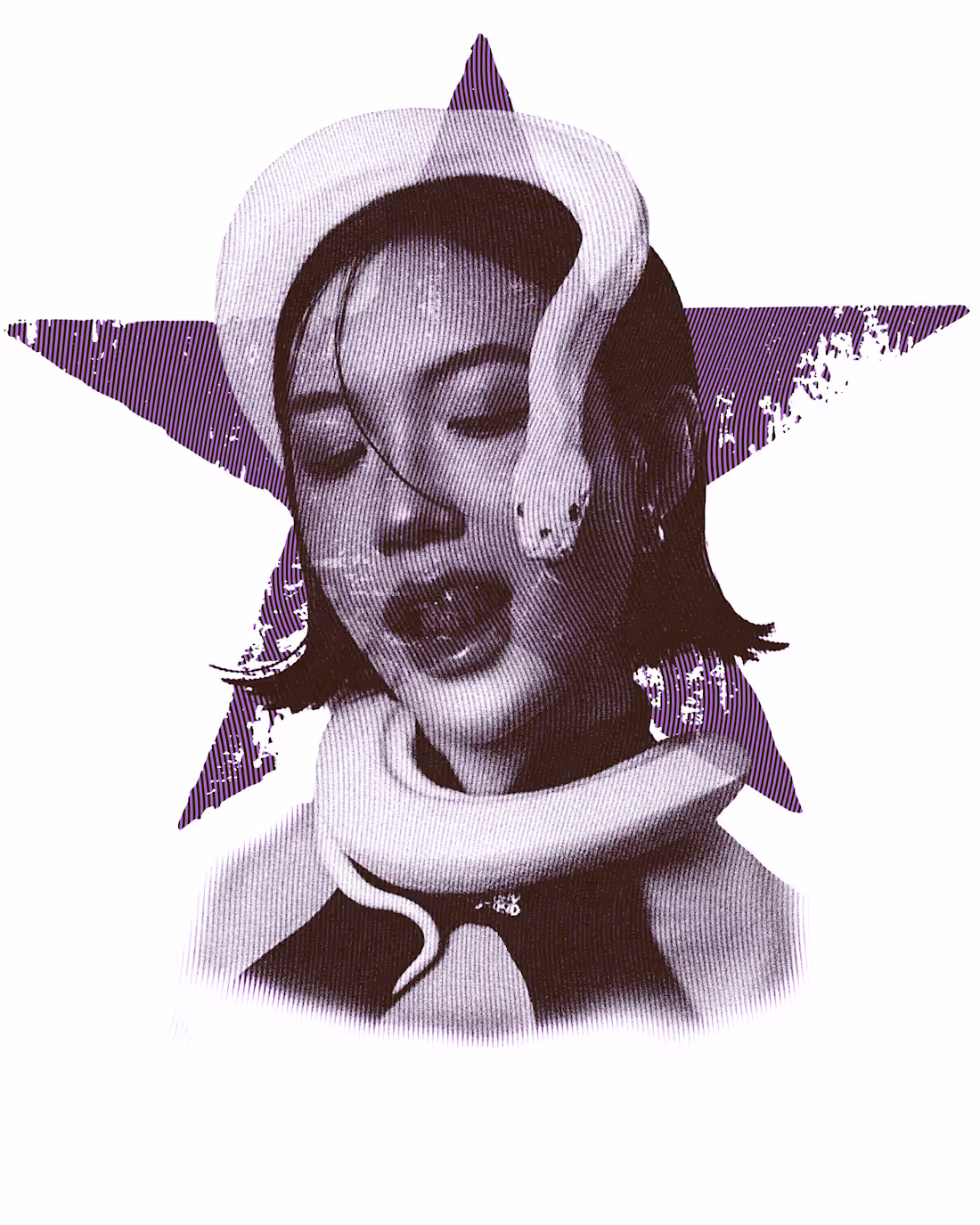 Cover image for A surreal halftone portrait where a serpent coils around a s...