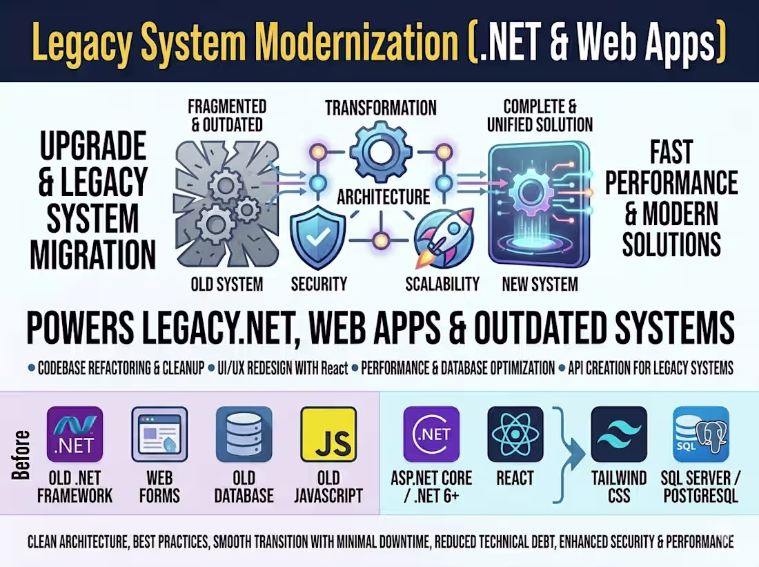 Cover image for Legacy System Modernization (.NET & Web Apps)