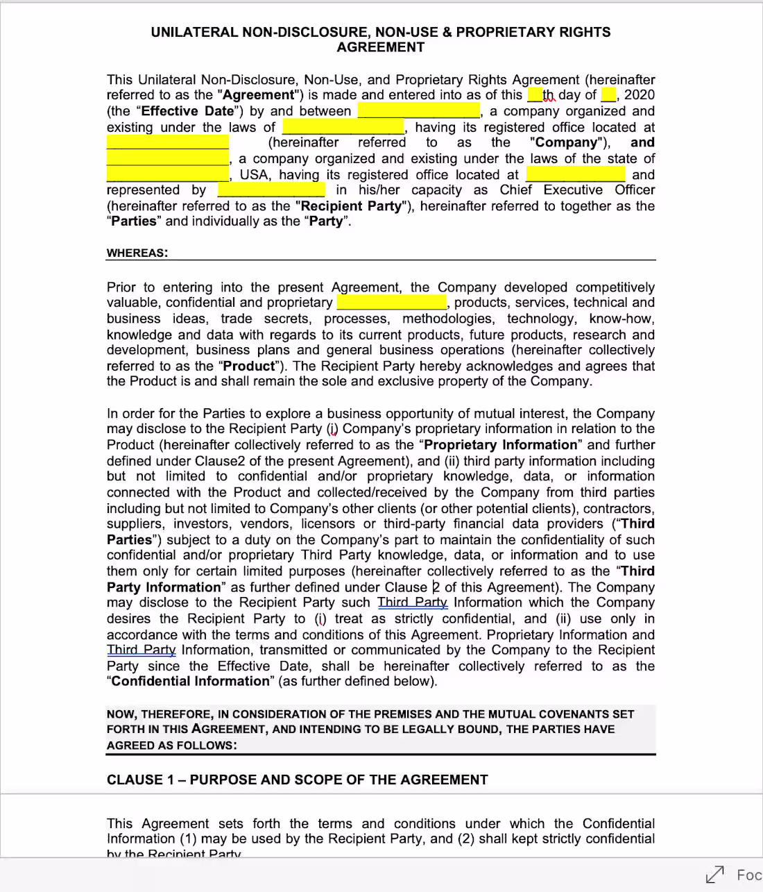 Cover image for Unilateral Non-Disclosure Agreement 