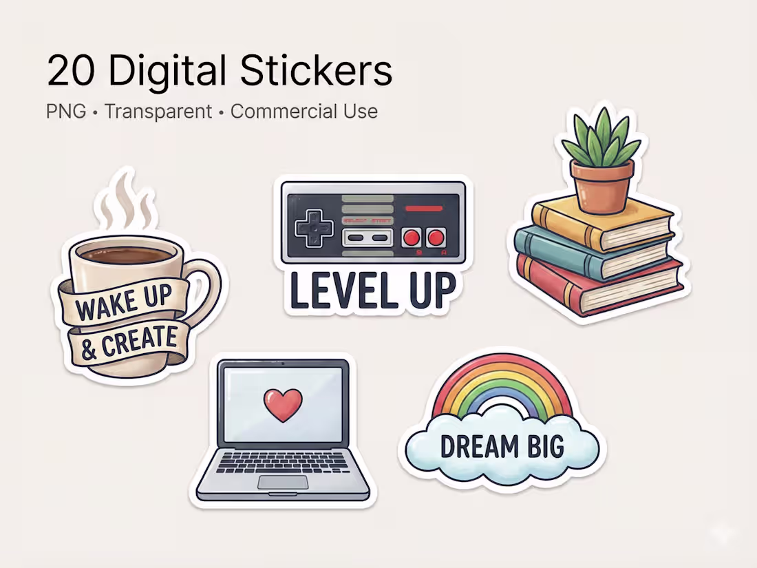 Cover image for 20 Custom Digital Stickers Pack (PNG • Commercial Use)