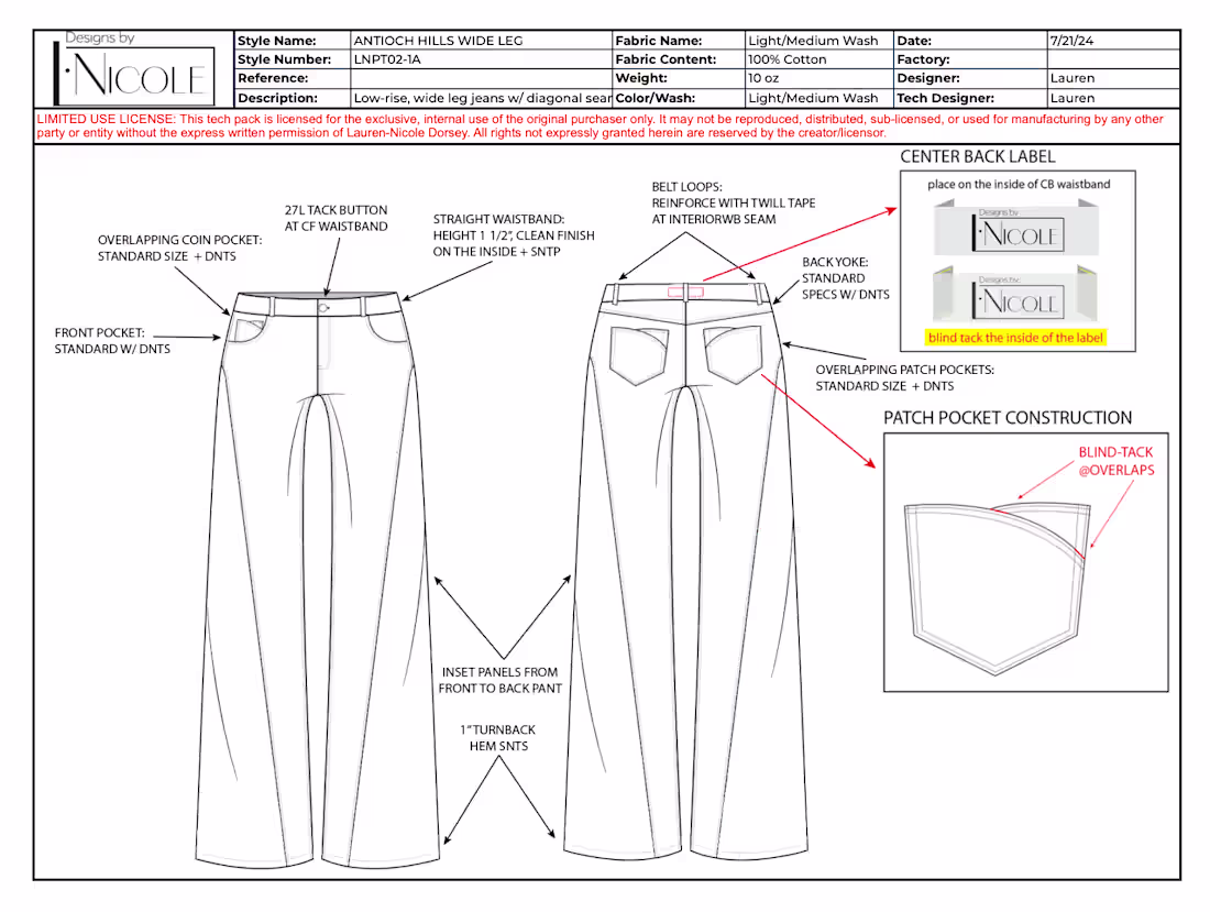 Cover image for Light-weight denim wide-leg pant construction