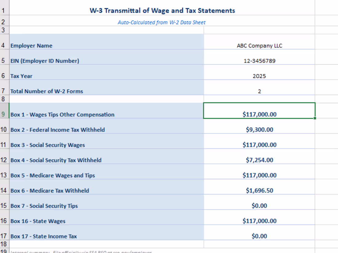 Cover image for W‑3 Transmittal Summary – Auto‑Calculated