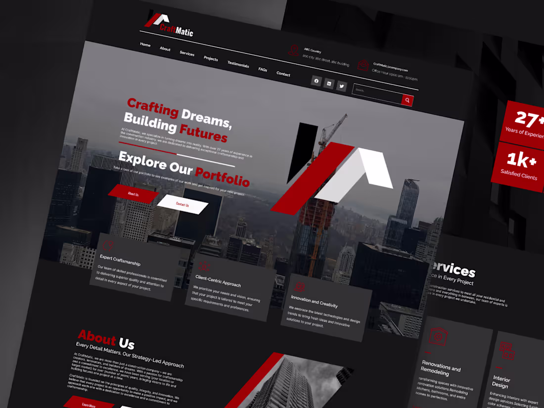 Cover image for CraftMatic Construction Website UI Design