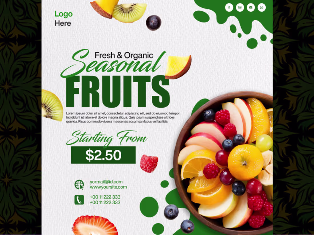 Cover image for Fresh and organic seasonal fruit poster brought to life. Des...