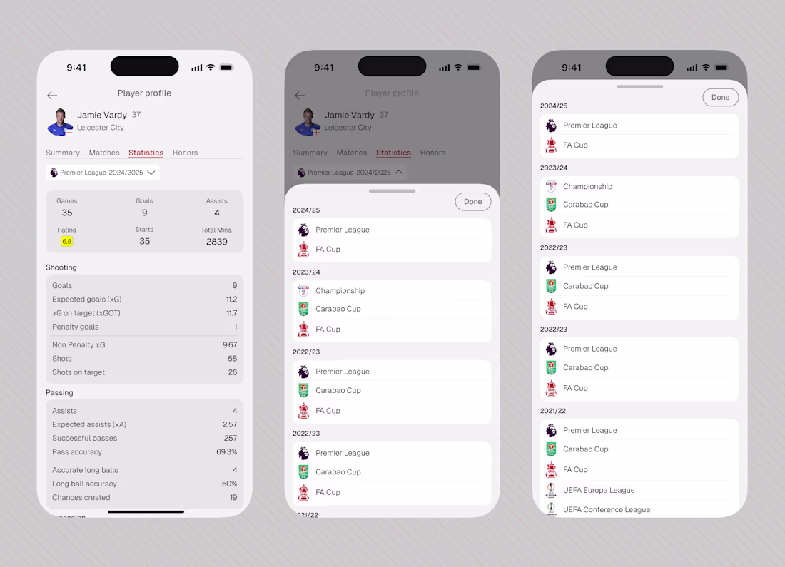 Cover image for Football App Frame 1: Player Profile (Stats) Frame 2: Player...