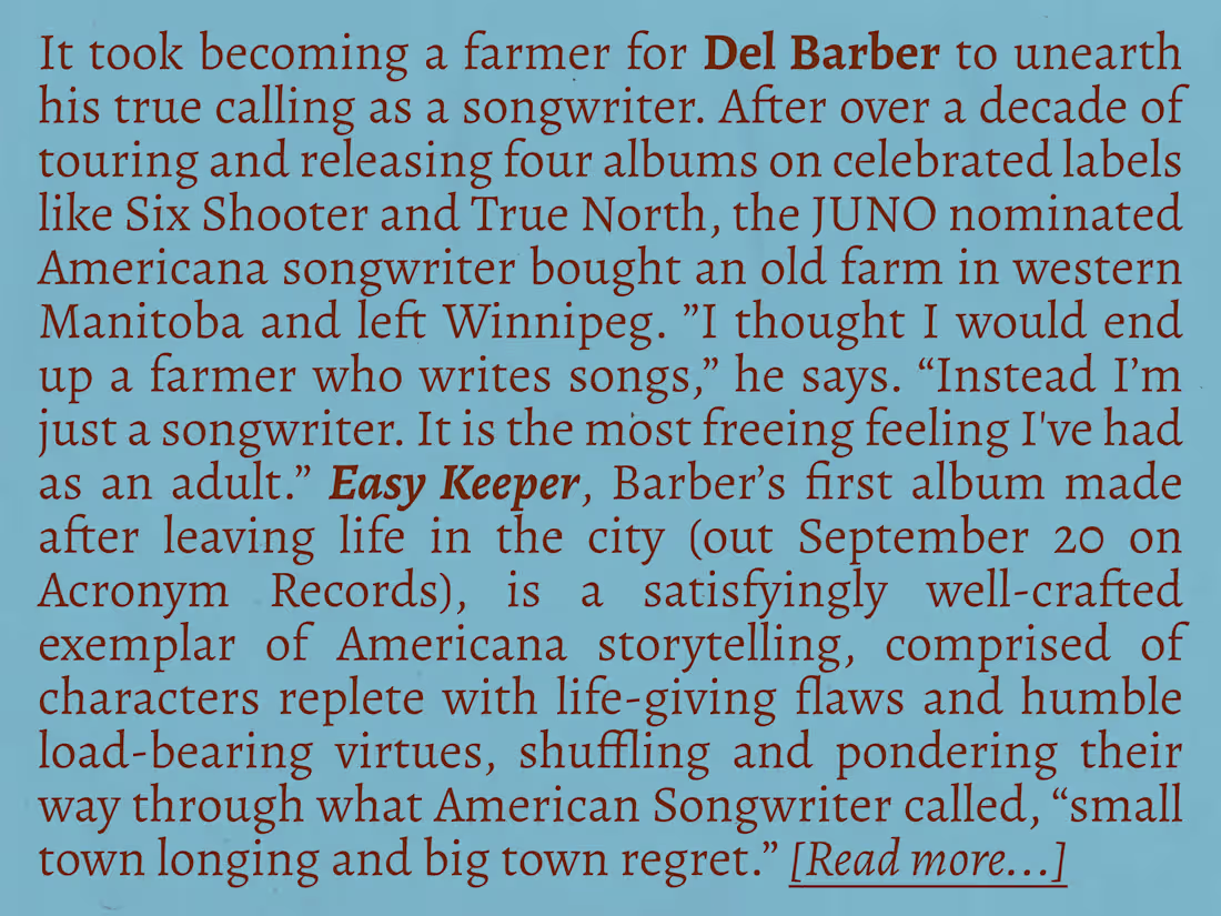 Cover image for Artist Bio: Del Barber - Easy Keeper (2019)