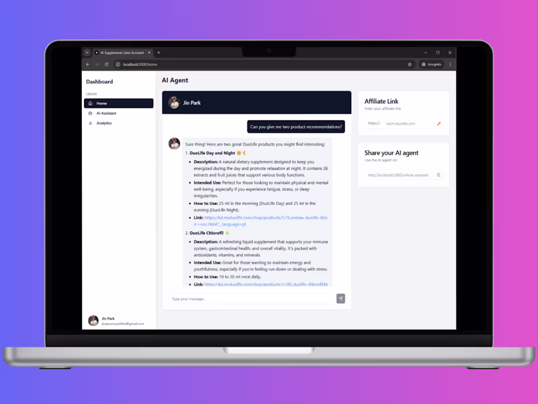 Cover image for AI Chatbot Saas Application For DUOLIFE's Affiliates