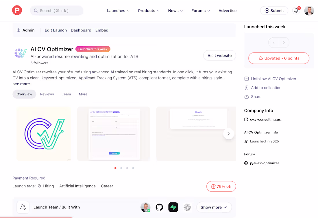 Cover image for AI CV Optimizer AI CV Optimizer rewrites your résumé using a...
