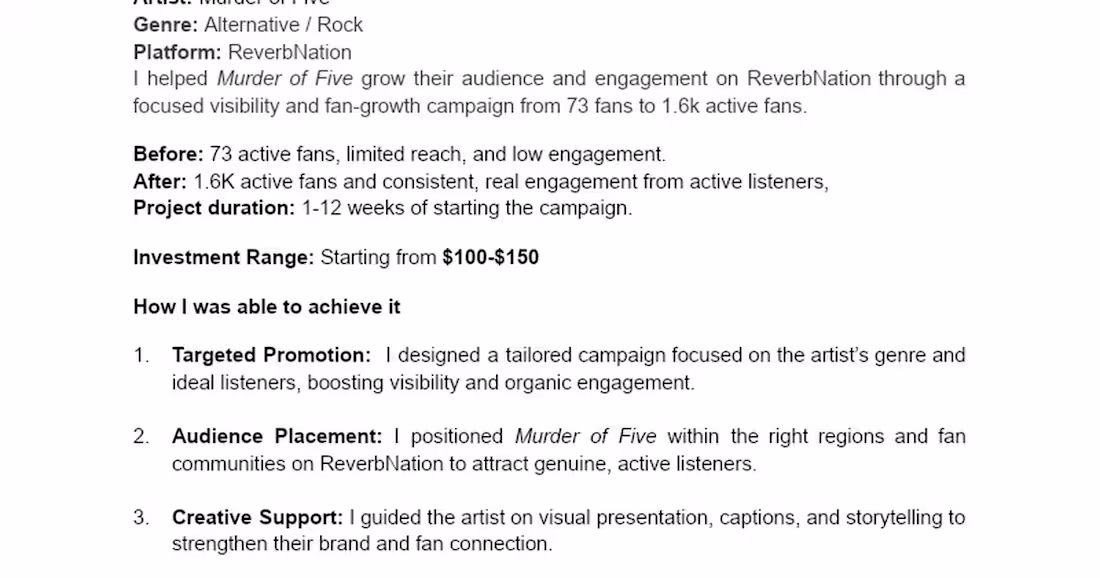 Cover image for ReverbNation Channel Growth for Murder of Five