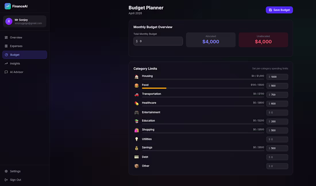 Cover image for FinanceAI – AI-Powered Personal Finance
