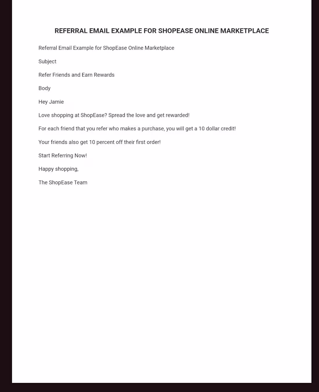 Cover image for REFERRAL EMAIL EXAMPLE FOR SHOPEASE ONLINE MARKETPLACE