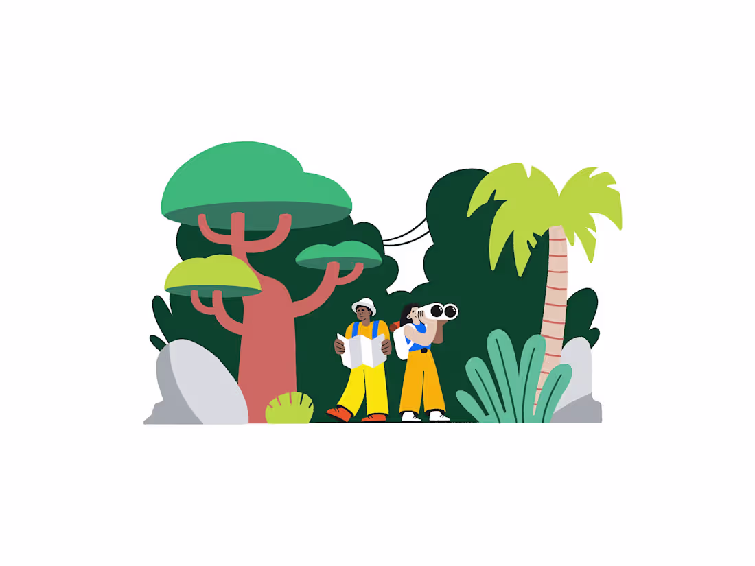 Cover image for Two adventurers exploring a vibrant jungle landscape with ma...